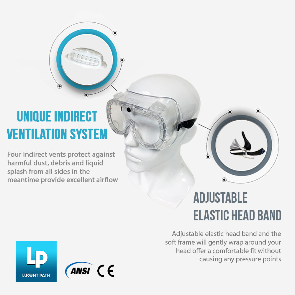 Lucent Path Chemical Splash Safety Goggles Anti Fog Anti Scratch ANSI CE Certified Eye Protection
