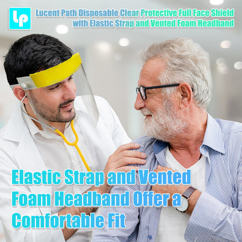 Lucent Path Disposable Clear Protective Full Face Shield with Elastic Strap and Vented Foam Headband