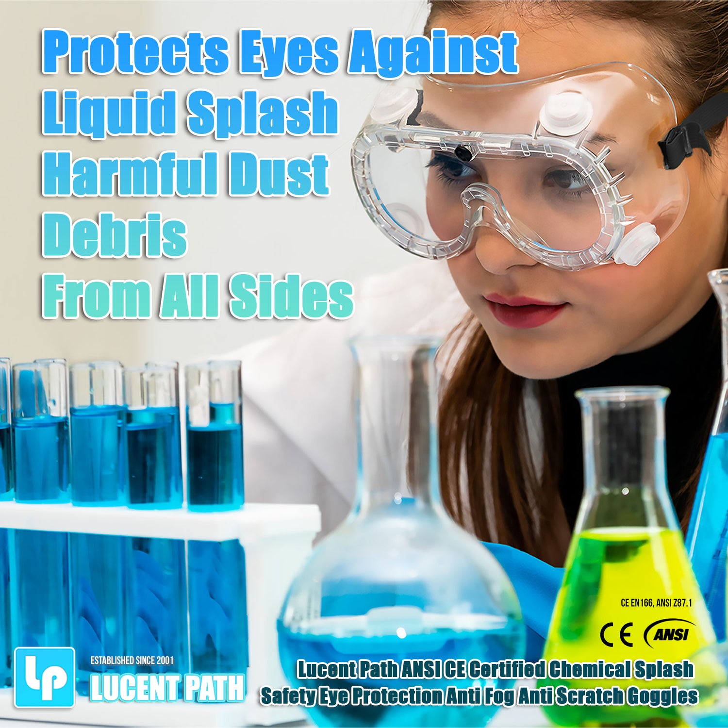 Lucent Path ANSI CE certified Chemical Splash High Impact Safety Eye Protection Anti Fog Anti Scratch Goggles