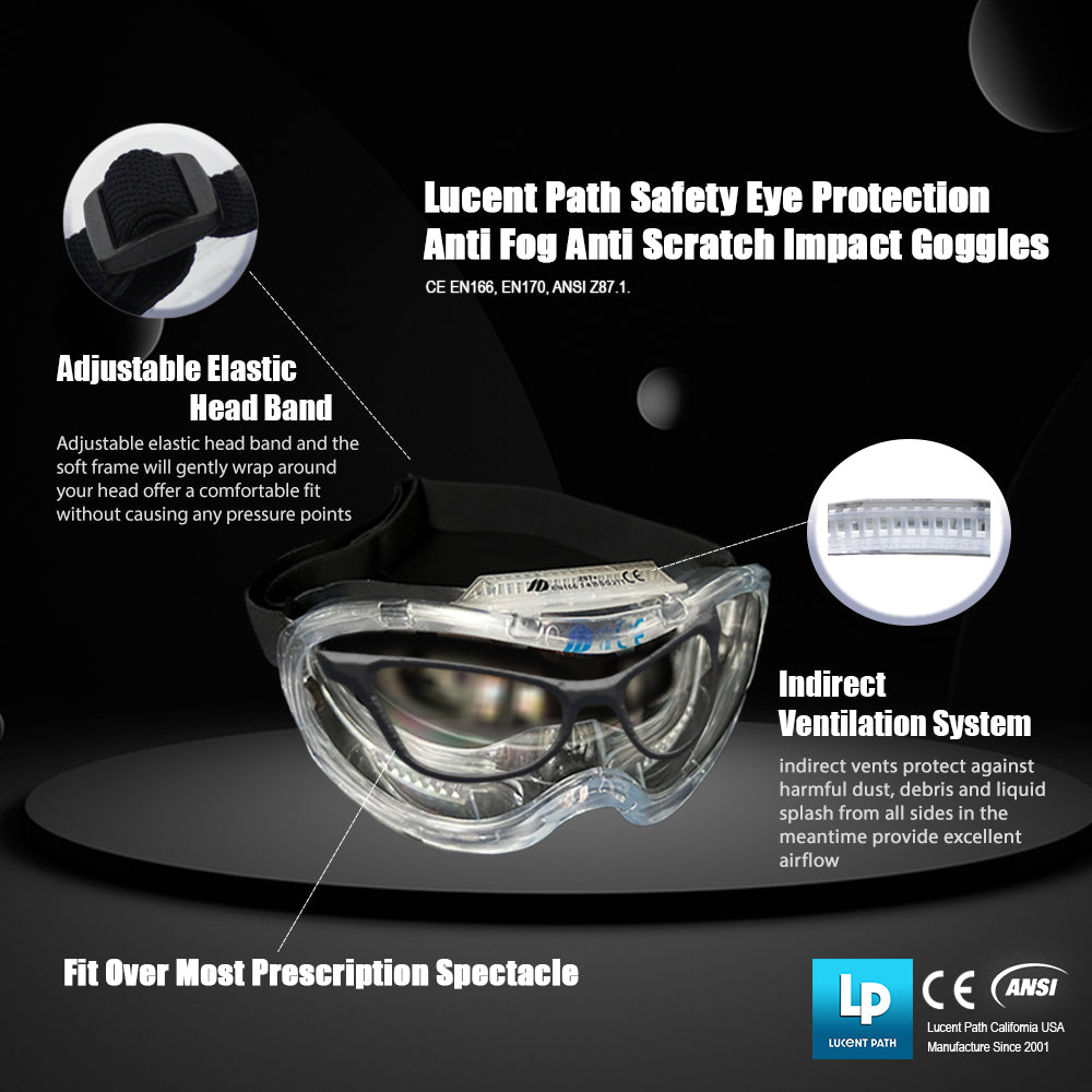 Lucent Path Safety Goggles Anti-Fog Anti-Scratch CE ANSI Certified Clear Impact Resistant Eye Protection