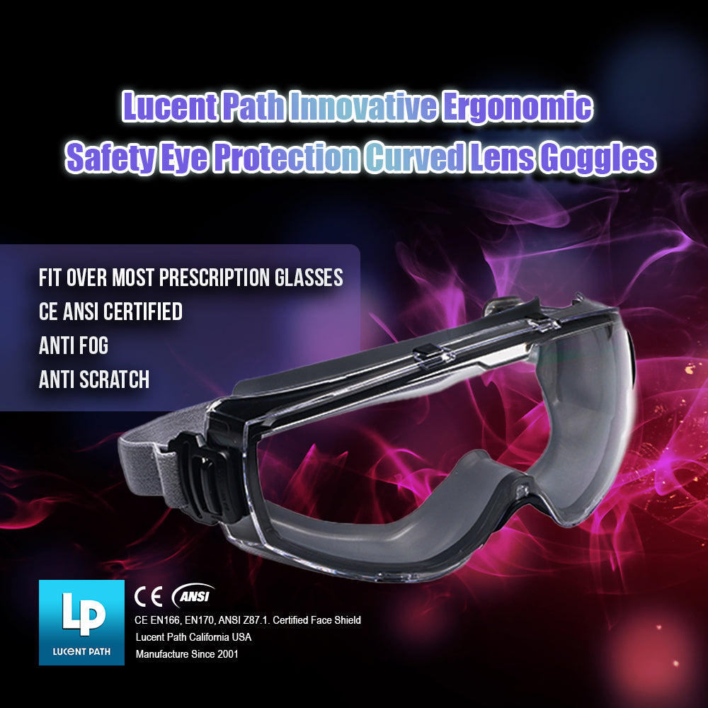 Lucent Path Safety Goggles Clear Anti-Fog Anti-Scratch Lens, CE EN ANSI Z87.1 Approved Ergonomic Eye Protection Goggles Fit Over Glasses