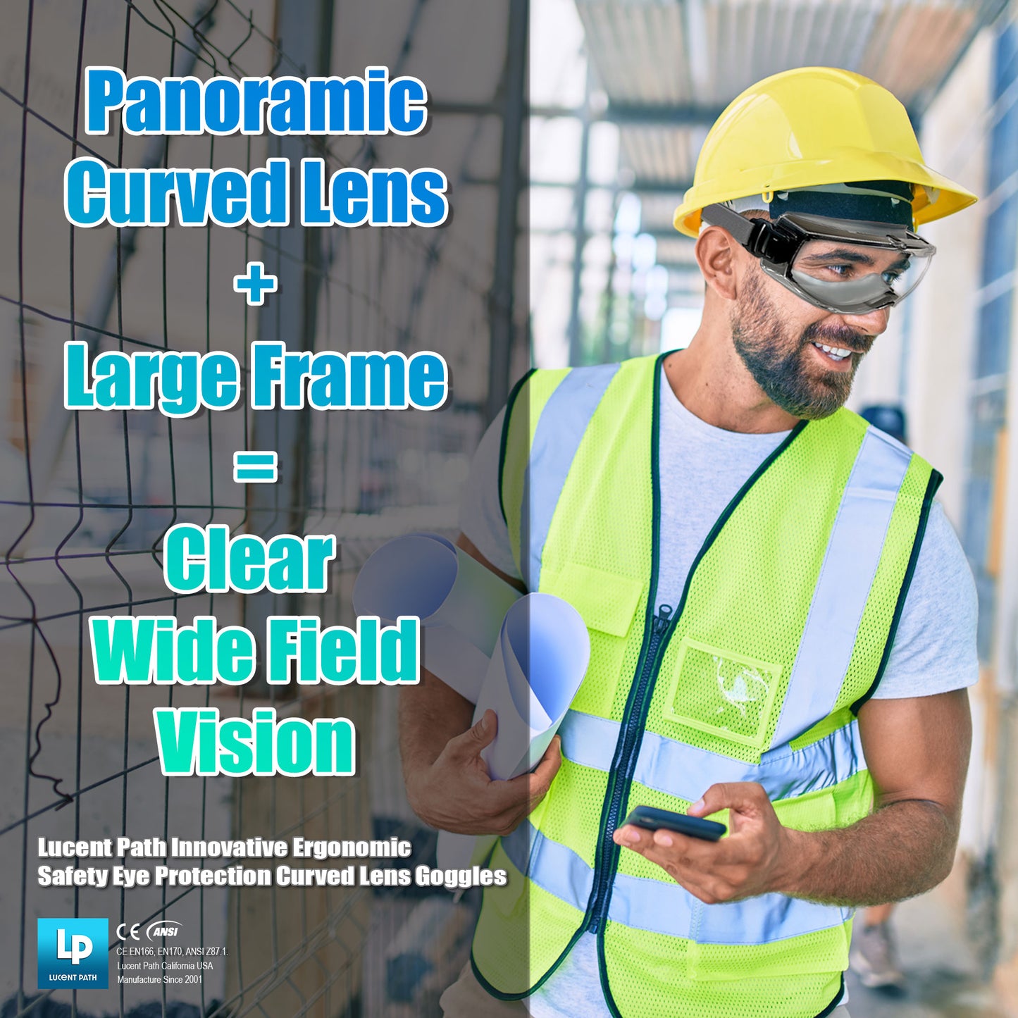 Lucent Path Safety Goggles Clear Anti-Fog Anti-Scratch Lens, CE EN ANSI Z87.1 Approved Ergonomic Eye Protection Goggles Fit Over Glasses